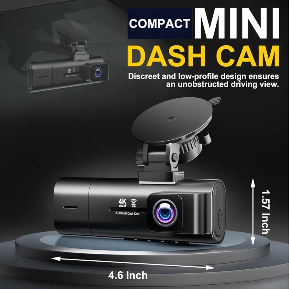 4K Dash Cam Front & Rear IPS,3 Channel Dash Cam with 5G Wifi 64 Card Included